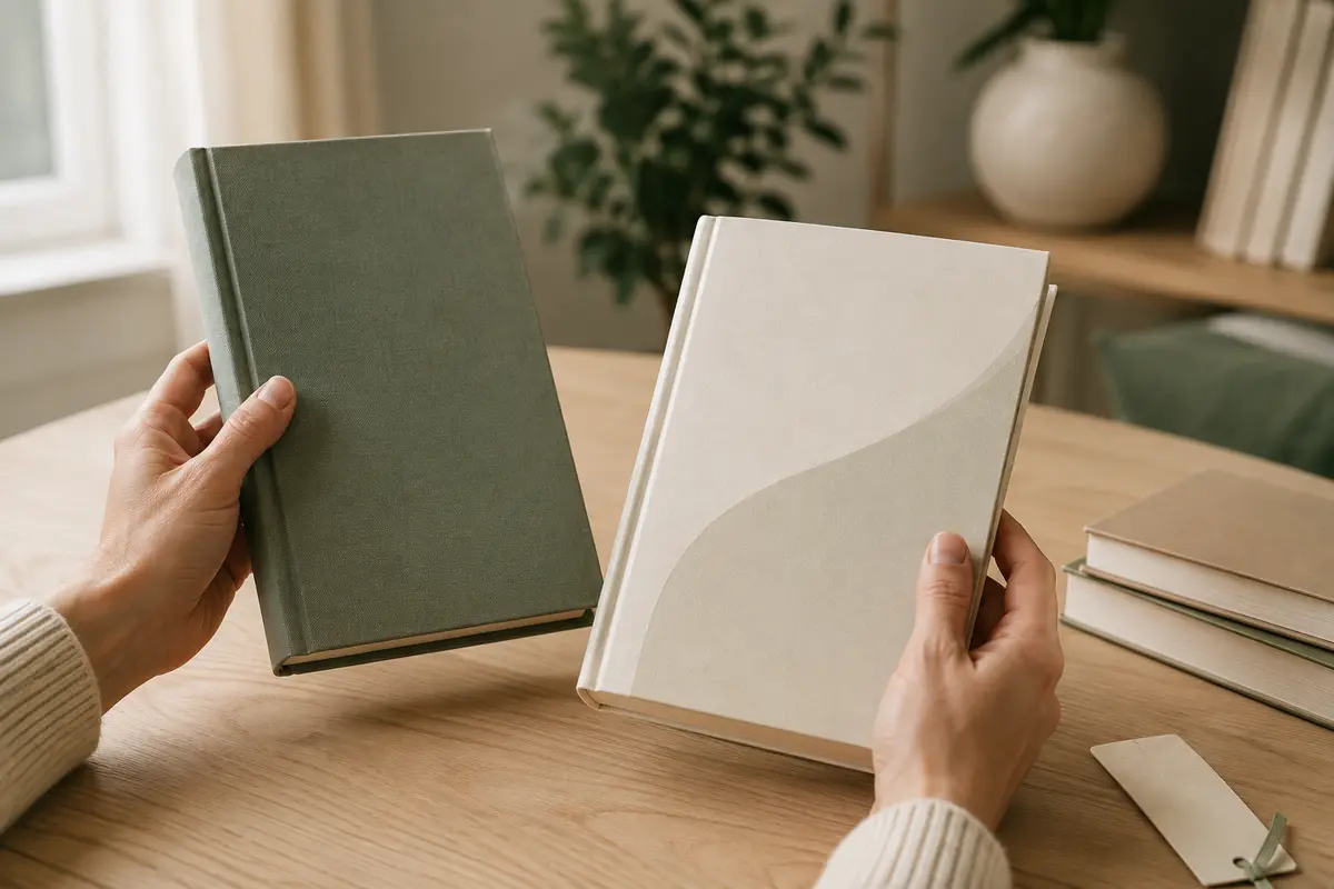 Hands comparing two unbranded book editions