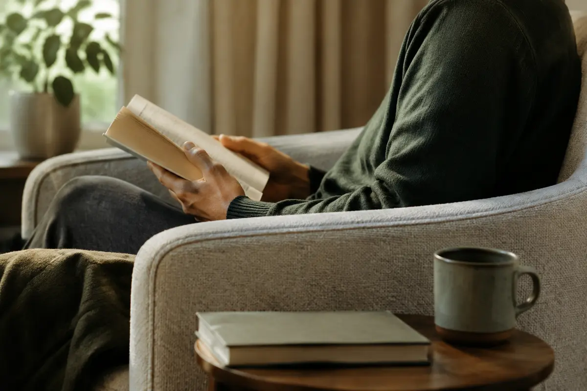A reader enjoying an unbranded book in a quiet armchair